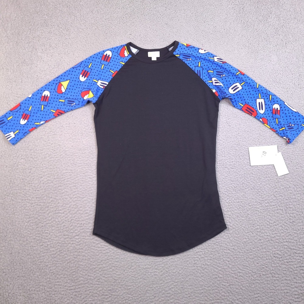 LuLaRoe‎ Randy Baseball Tee XXS Black Blue Popsicle Ice Cream Raglan Sleeve NWT